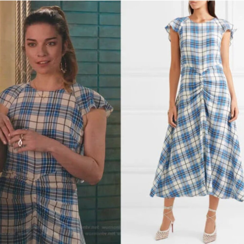 ASO Alexis Rose Schitts Creek Blue Plaid Ruched Paper London Dress